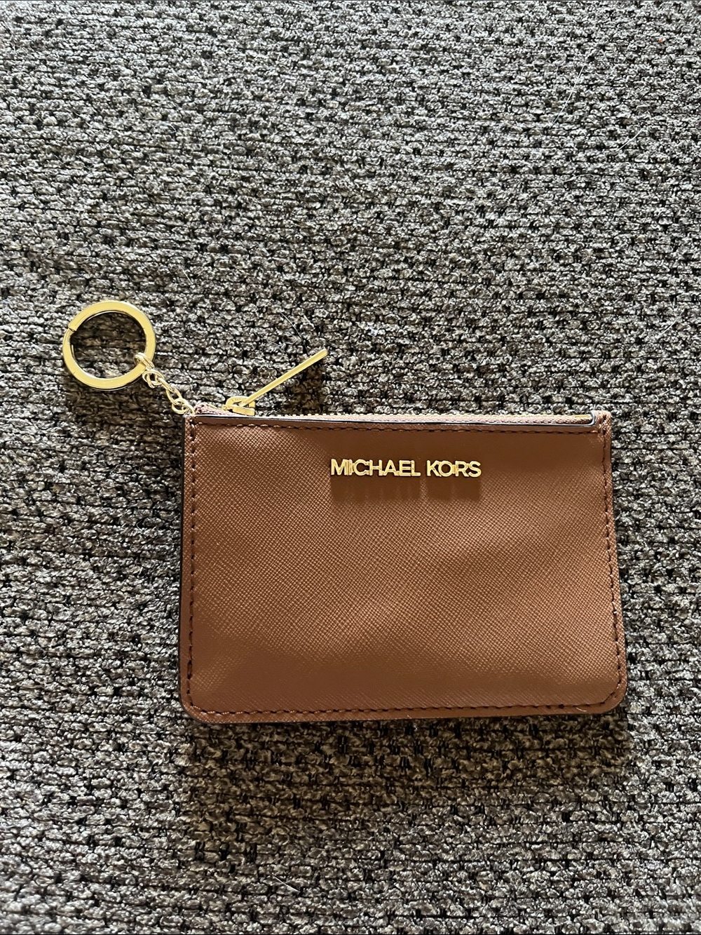 Michael Kors Brown Leather Zip Card Case with Gold Logo